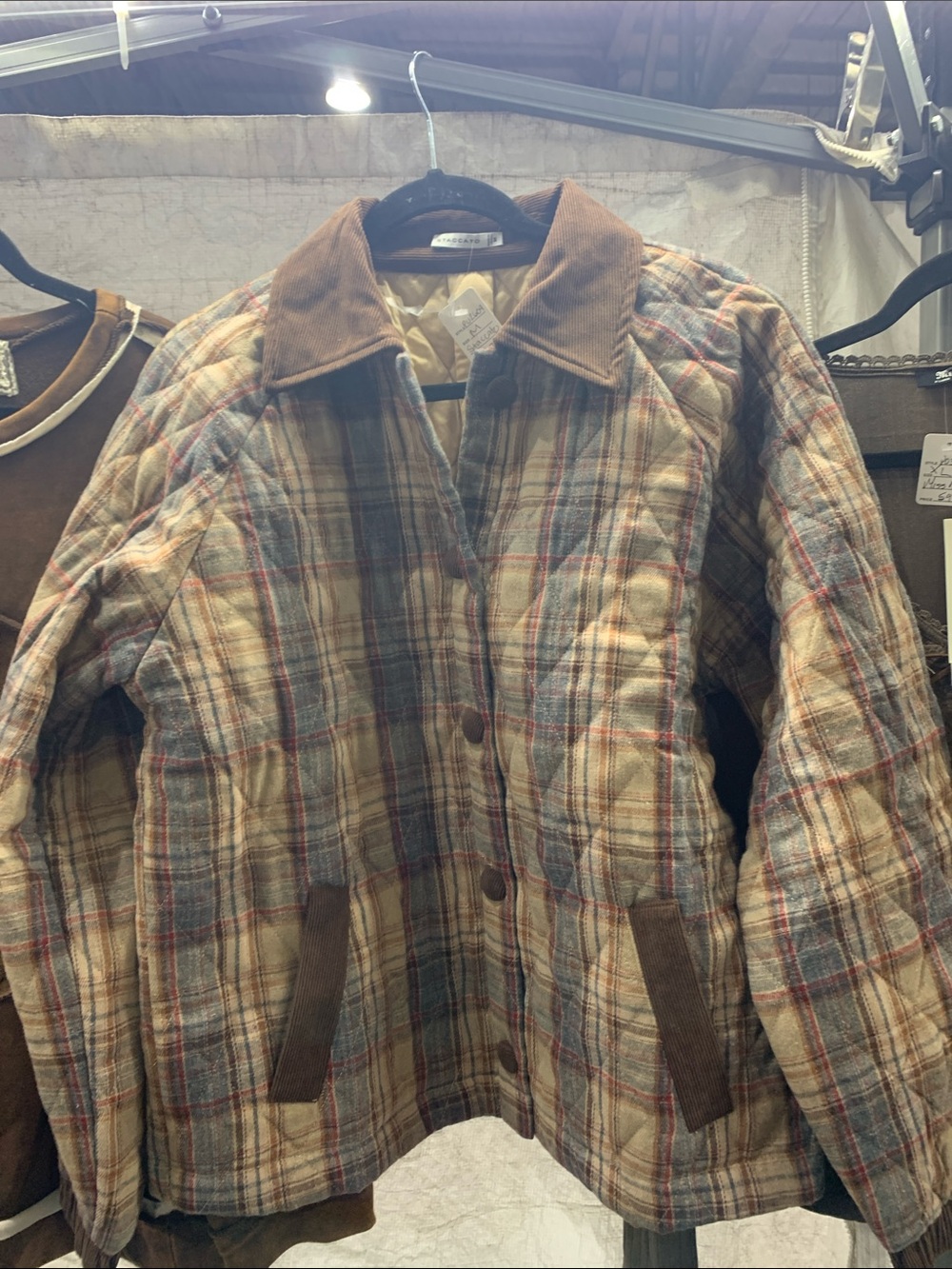 Staccato Quilted Plaid Puffer Jacket in Beige, Brown and Blue.